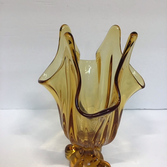 Vintage MCM 8” Viking Glass Amber Swung Stretch 4 Finger Footed Pedestal… - Picture 2 of 12